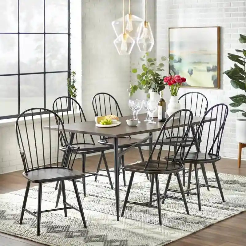 Set of 2 Farmhouse Spindle Arm Chairs Metal Frame with Wood Seat