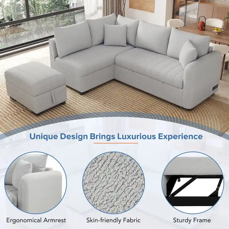 Sectional Sofa Bed with Storage Ottoman USB Ports and Pull Out Design