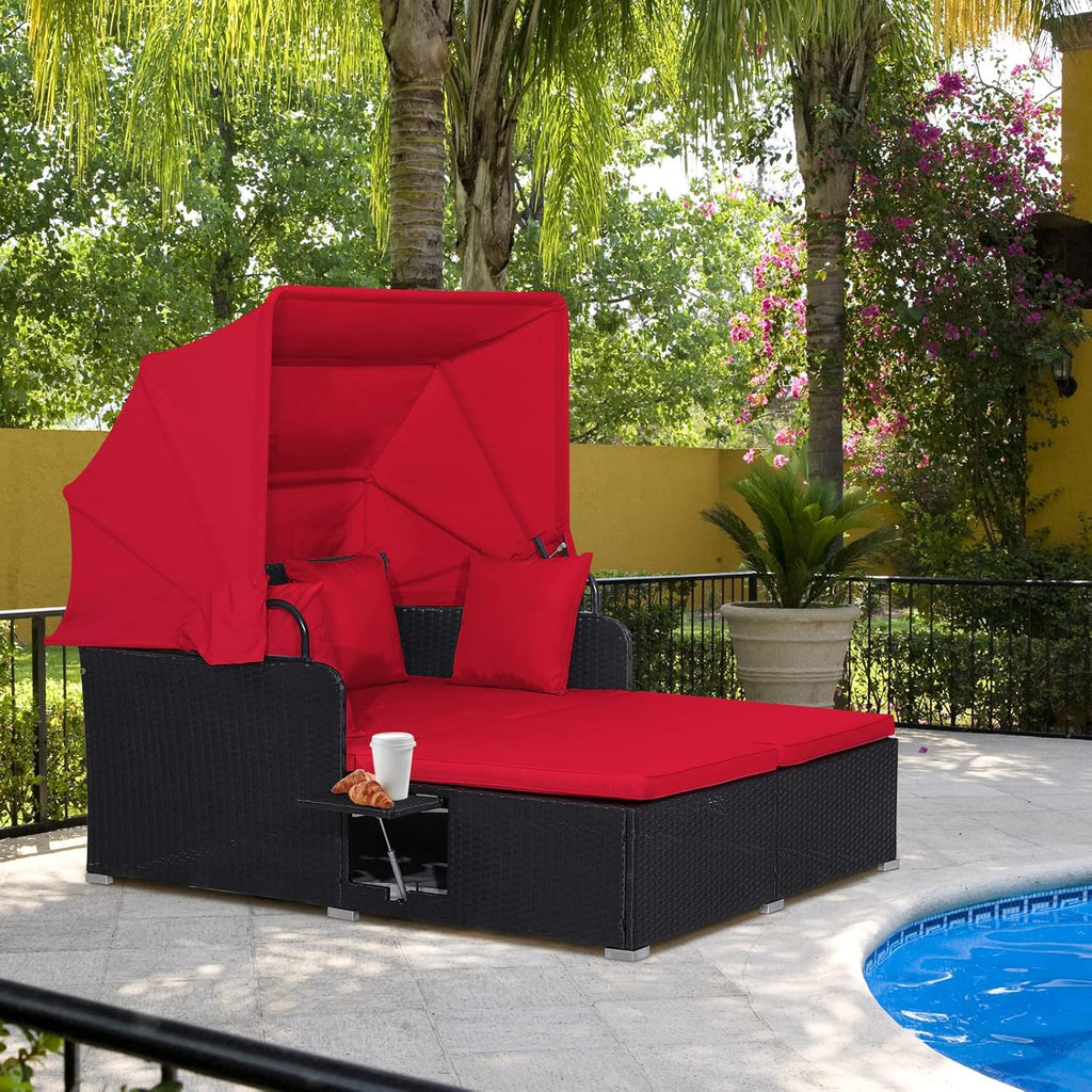 RELAX4LIFE Patio Outdoor Daybed with Canopy, Wicker Sunbed w/Cushions, 4 Pillows & 2 Retractable Side Trays, 2-Person Lounge Bed Conversation for Poolside Porch Garden, Rattan Outdoor Bed (Turquoise)