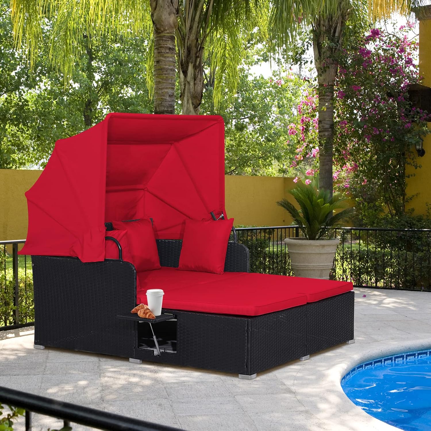 RELAX4LIFE Patio Outdoor Daybed with Canopy, Wicker Sunbed w/Cushions, 4 Pillows & 2 Retractable Side Trays, 2-Person Lounge Bed Conversation for Poolside Porch Garden, Rattan Outdoor Bed (Turquoise)
