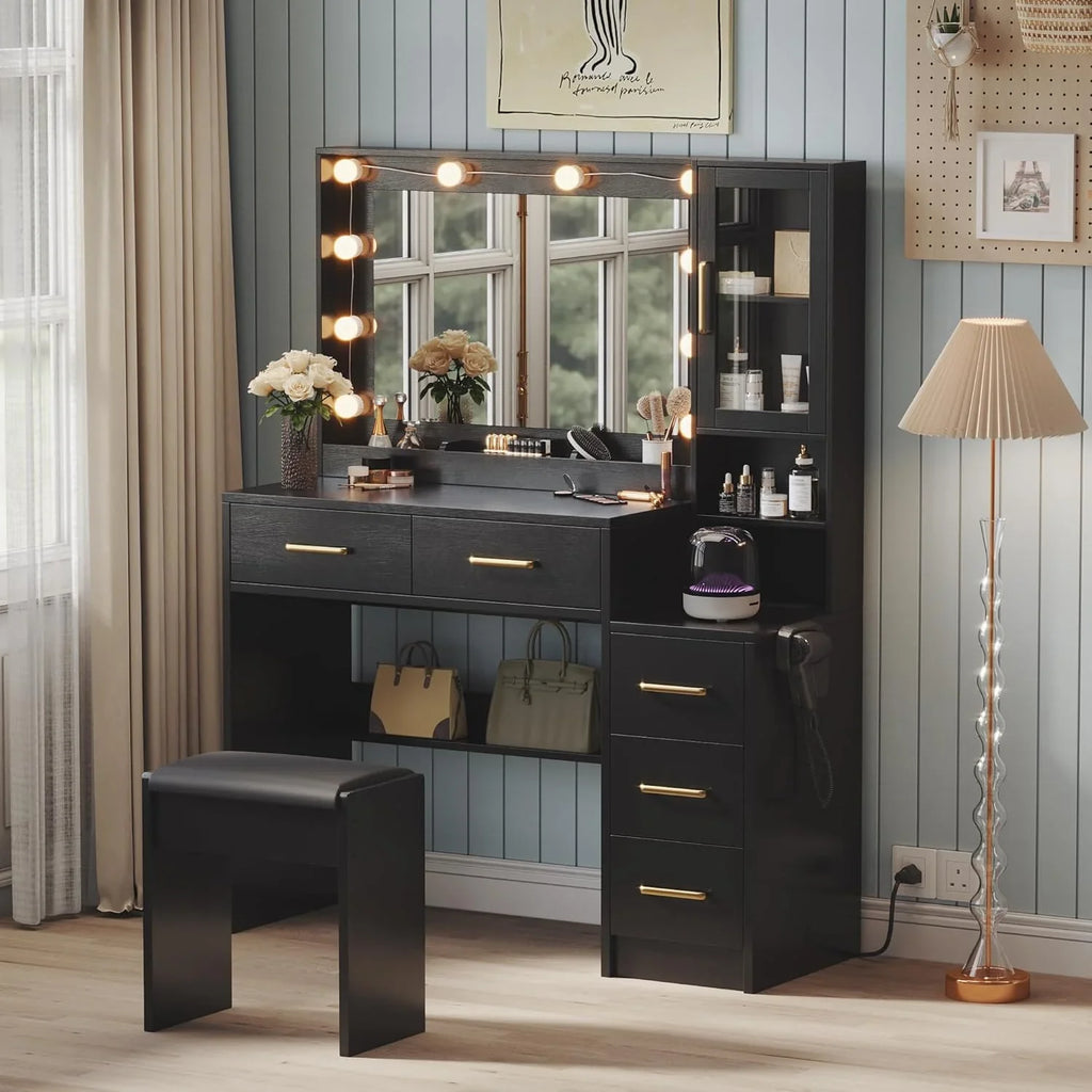 Black Vanity Desk with Mirror, Lights & Charging Station, 58.3" 3 Lighting Modes