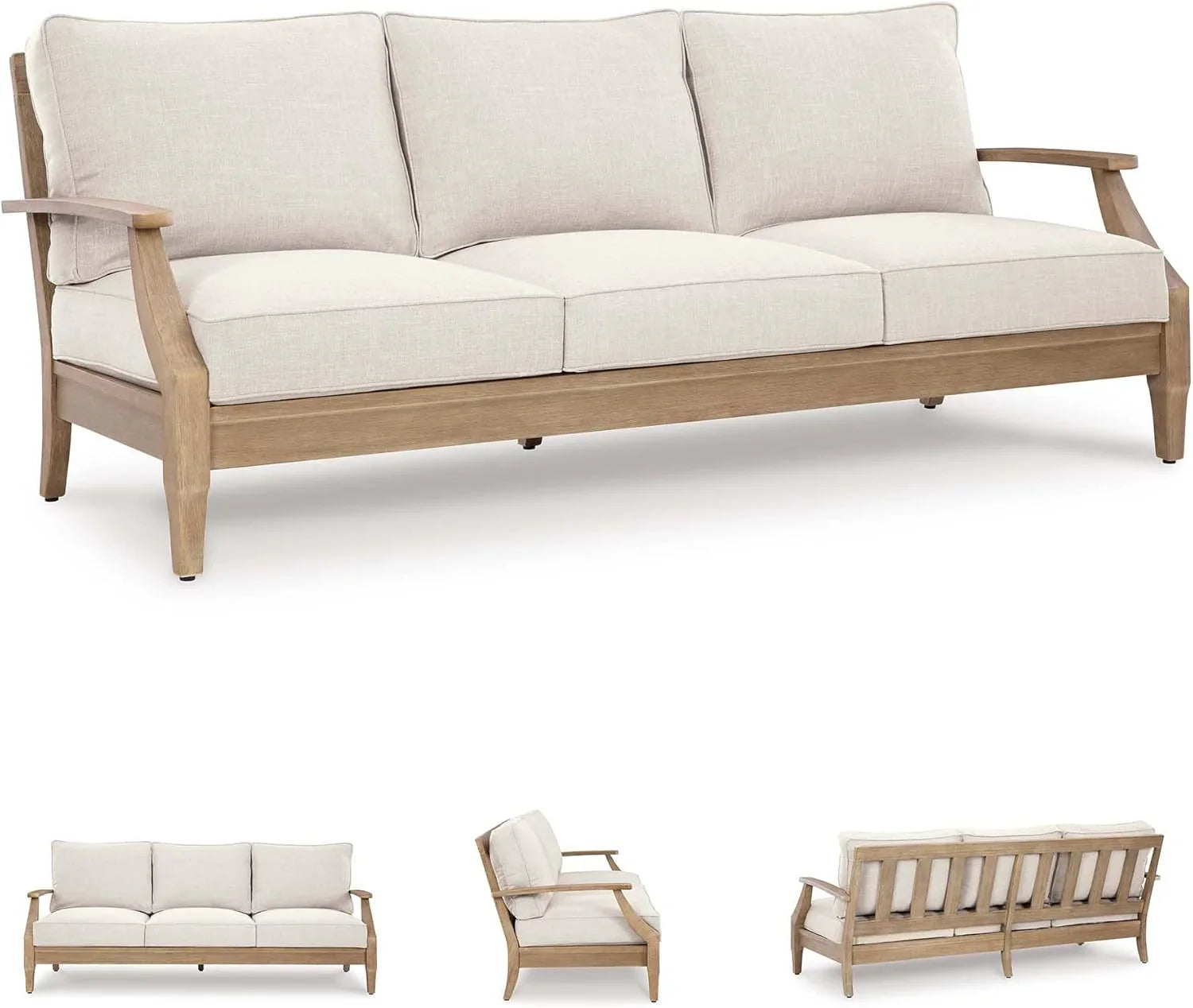 Signature Design by Ashley Clare View Coastal Outdoor Patio Eucalyptus Sofa with Cushions, Beige