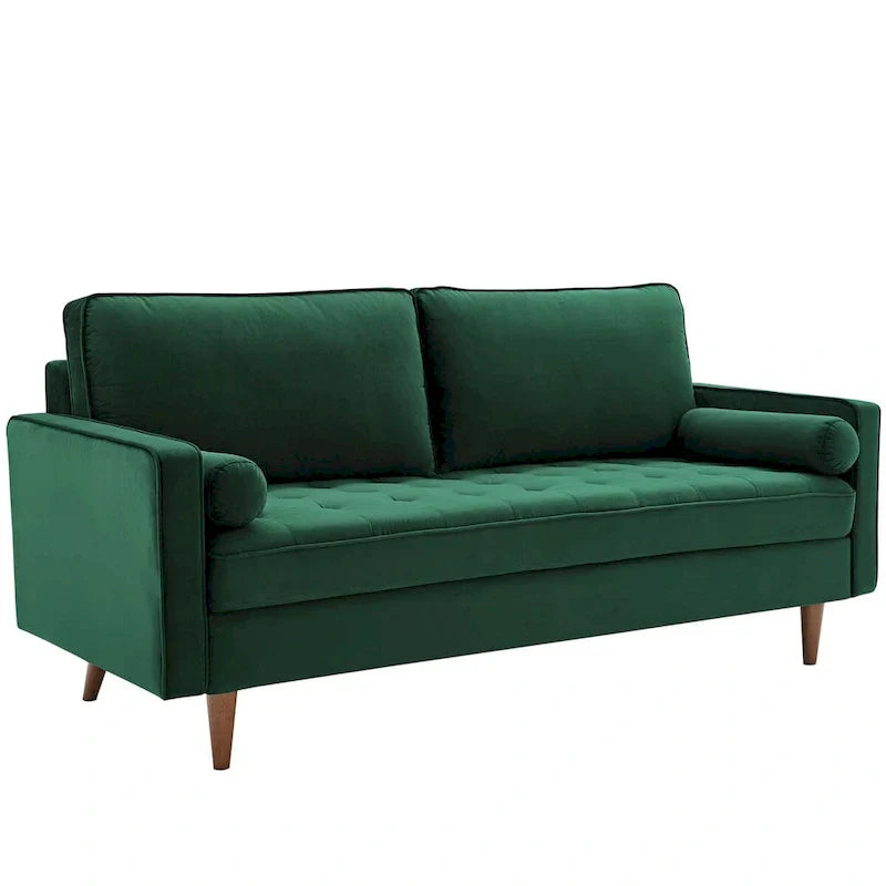 Mid Century Velvet Sofa with Tufted Back and Wooden Legs