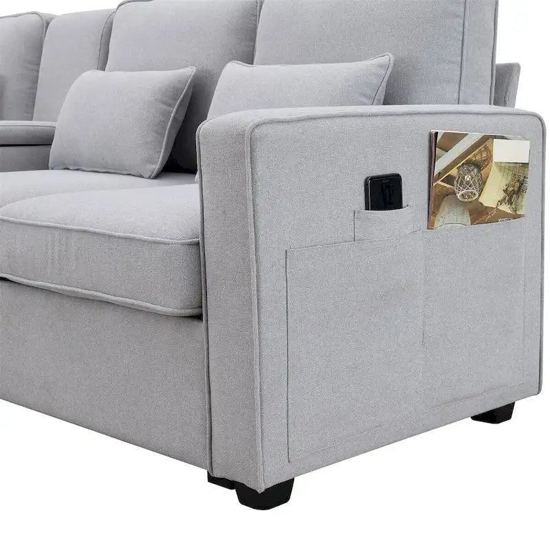 Merax 104 Modern 4-Seater Linen Sofa with Armrest Pockets and 4 Pillows - Minimalist Design
