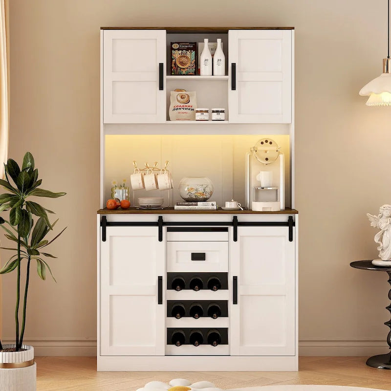 Rustic White Farmhouse Bar Cabinet with Sliding Barn Door - Spacious Kitchen Buffet and Coffee Bar Sideboard Table