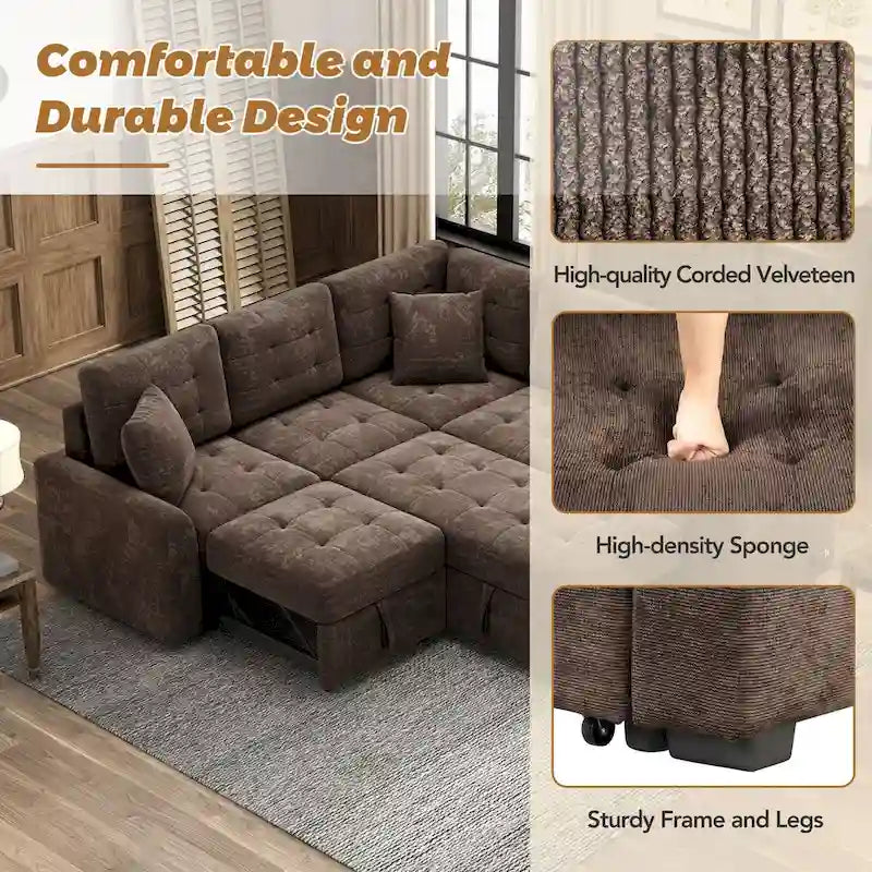 L-Shaped Pull-Out Sleeper Sofa with Wheels, USB Charging Ports, and Power Outlets