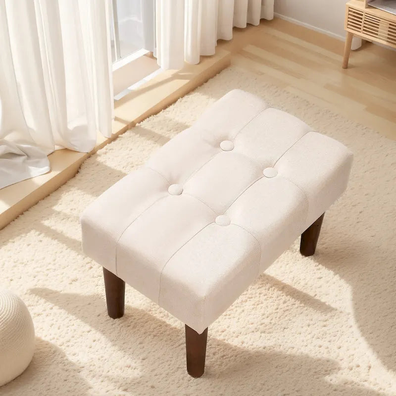 Set of 2 Small Linen Foot Stools with Legs - Rectangle Upholstered Ottoman Footrests
