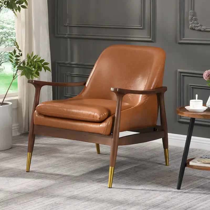 Mid-Century Modern Faux Leather Accent Chair - 29.2", Cushioned Seat, Sturdy Wood Frame, and Brass-Tipped Legs