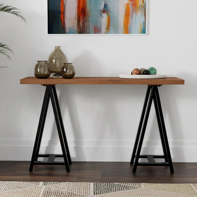 Hawkins 50-Inch Wide Modern Industrial Console Sofa Table in Solid Walnut Wood and Metal