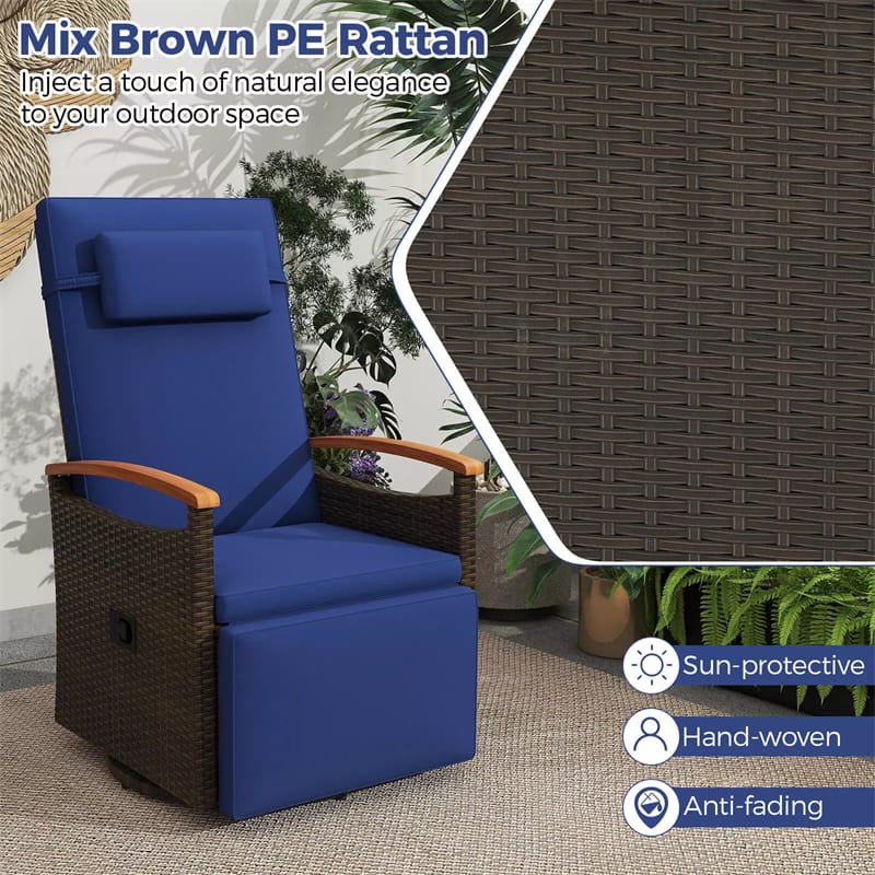 Outdoor 360° Swivel Rattan Recliner Chair with Adjustable Backrest & Footrest, Patio Wicker Chaise Lounge Chair with Flip Side Table & Cushion
