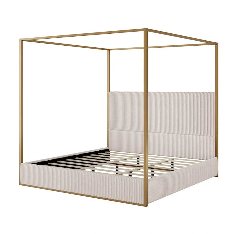 Metal Canopy Platform Bed with Vertical Stripe Upholstered Wingback Headboard - Four Poster, Low Profile Design