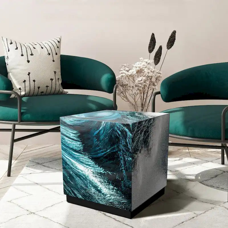 Sapphire Sea Beveled Art Glass Cocktail Table with Black Plinth Base - Reverse Printed Design
