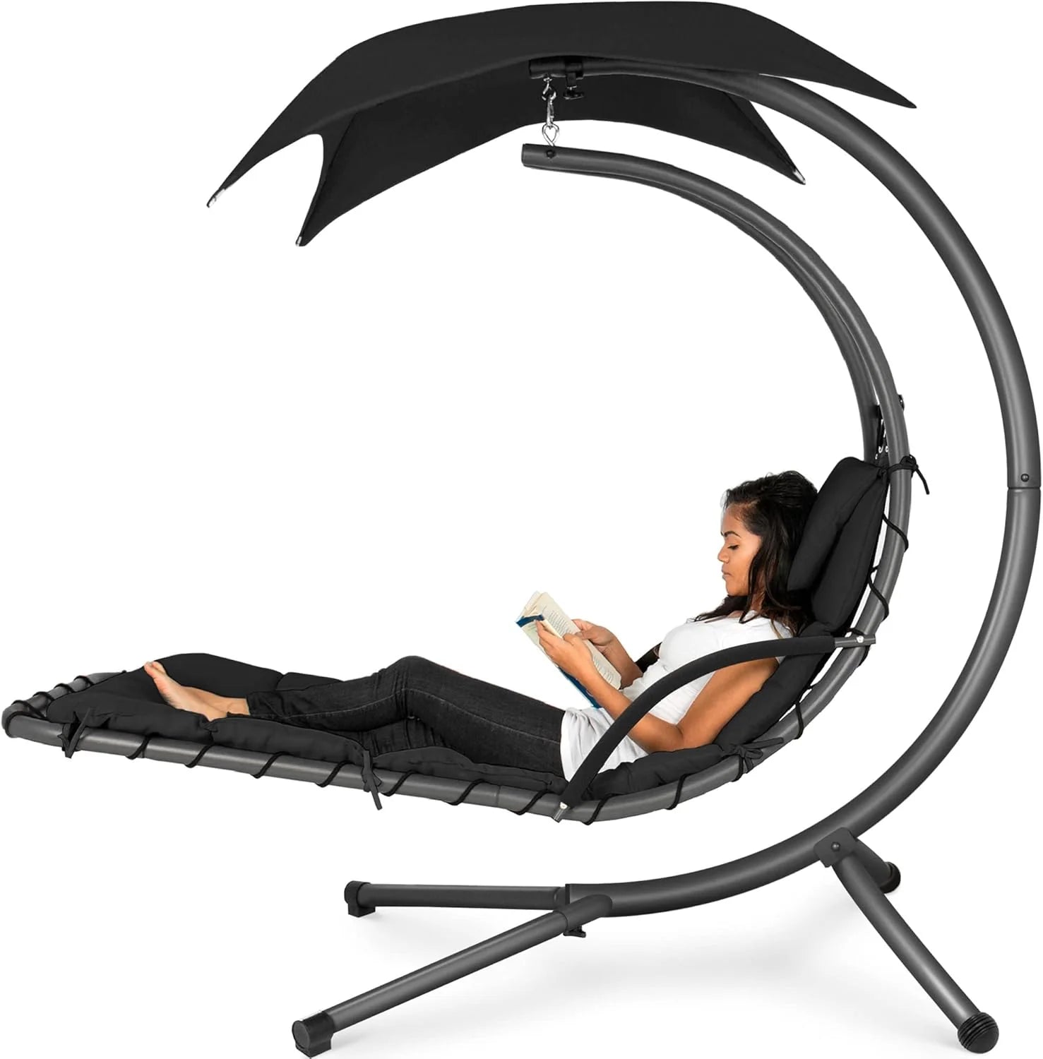 Best Choice Products Outdoor Hanging Curved Steel Chaise Lounge Chair Swing w/Built-in Pillow and Removable Canopy - Charcoal Gray