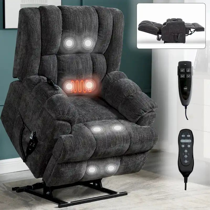 Grey Oversized Chenille Power Lift Recliner with Massage, Heating, and Flat Lay Feature