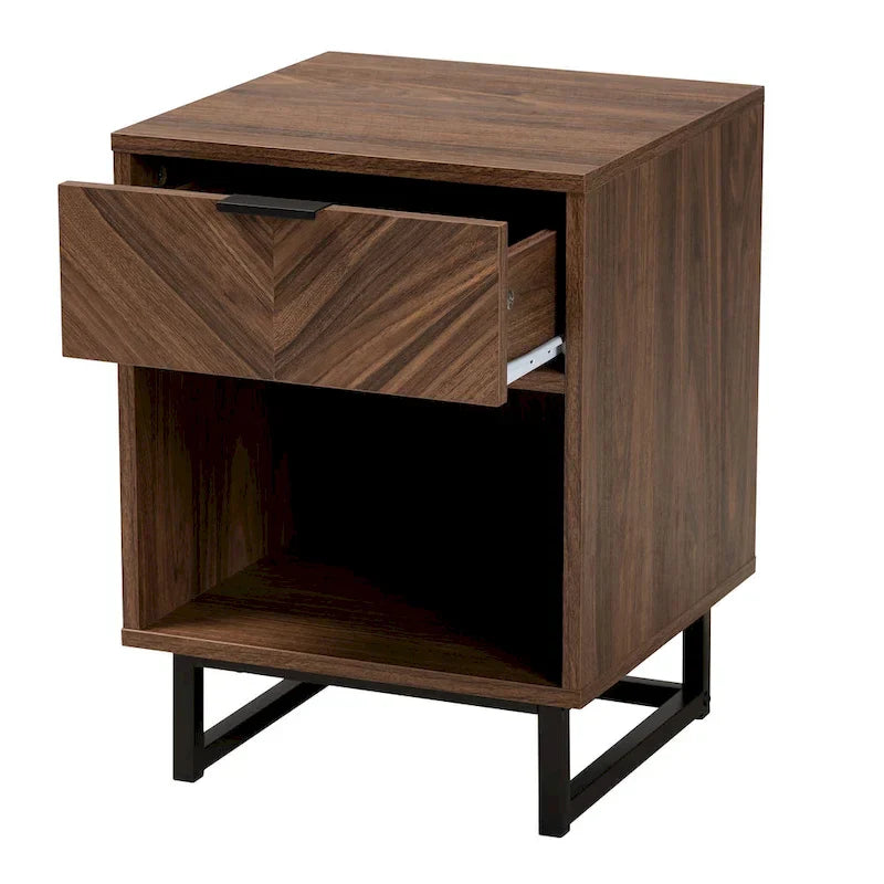 Sadia Contemporary Walnut Brown Wood and Black Metal 1-Drawer Side Table
