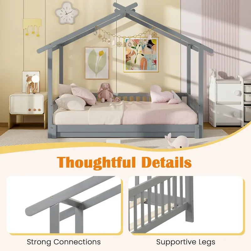 Gymax Twin to King Wooden House Bed Daybed with Safety Rails & Customizable Design
