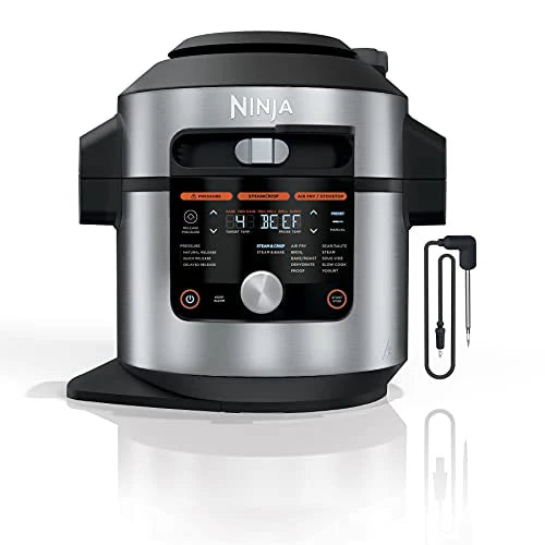 Ninja OL701 Foodi 14 in 1 SMART XL 8 Qt. Pressure Cooker Steam Fryer with SmartLid &amp; Thermometer   Auto Steam Release, that Air Fries, Proofs &amp; More, 3 Layer Capacity, 5 Qt. Crisp Basket, Silver/Black
