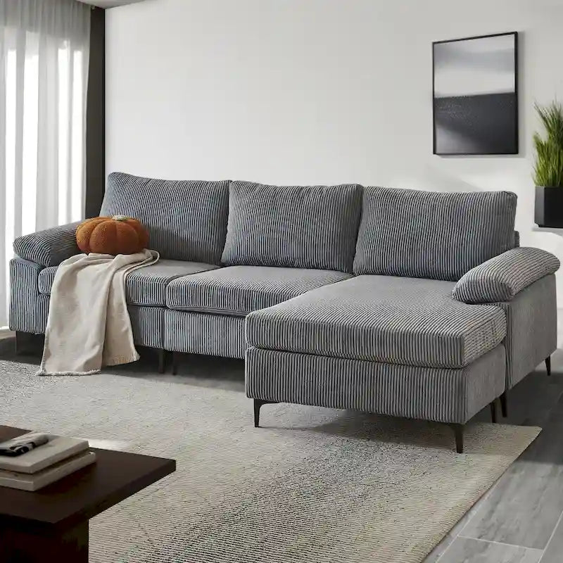 HOOOWOOO Reversible Corduroy Chaise Sofa with Wide Armrests and Ottoman for Living Room