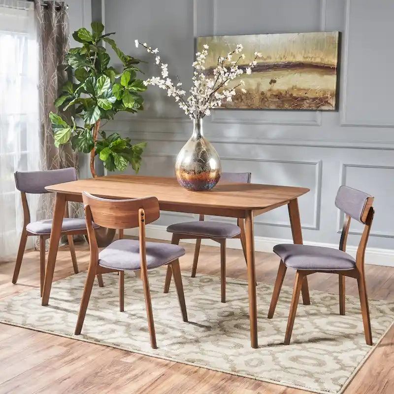 Mid Century Dining Table Set with 4 Upholstered Chairs and Wooden Frame