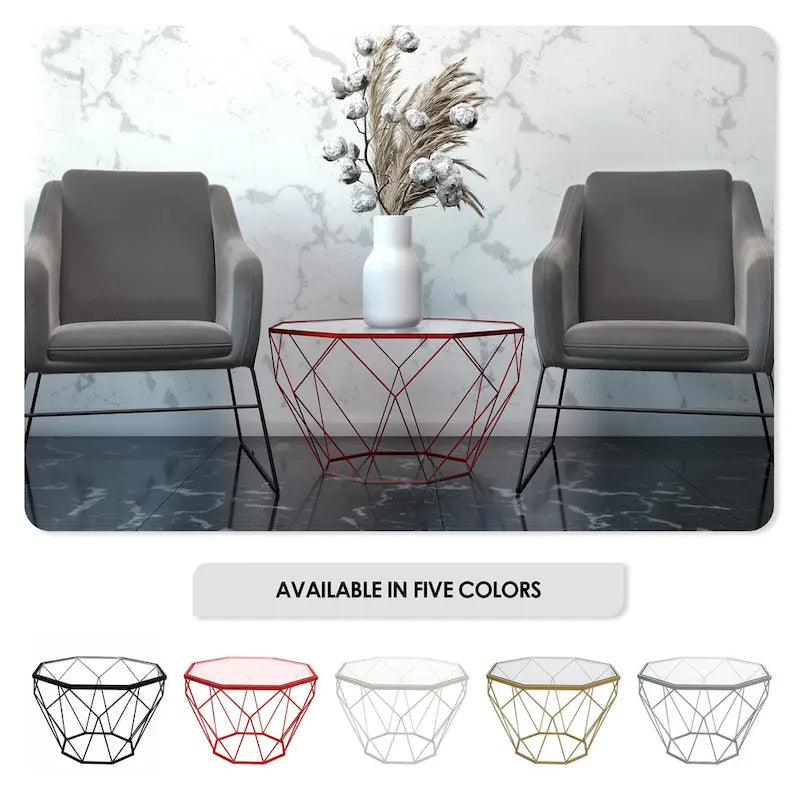 Malibu 22 Modern Octagonal Coffee Table with Tempered Glass Top and Durable Metal Geometric Base for Living Room or Office