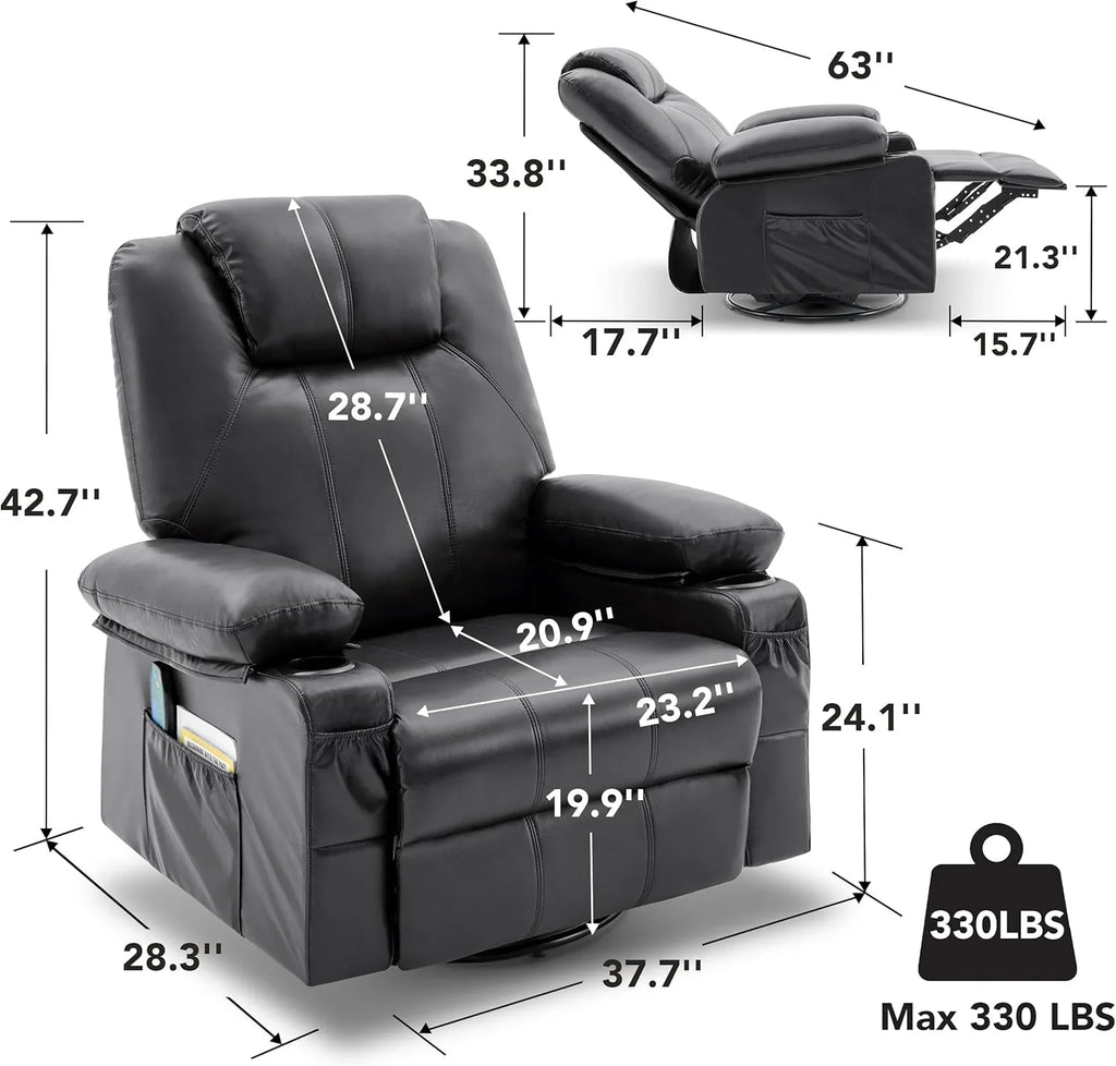 Oversized Swivel Rocker Recliner Chair with Heat and Massage, 360 Degree Swivel Rocking Single Sofa with Cup Holders and USB Port, Large Big Recliner Chair for Living Room (Leather, Brown)