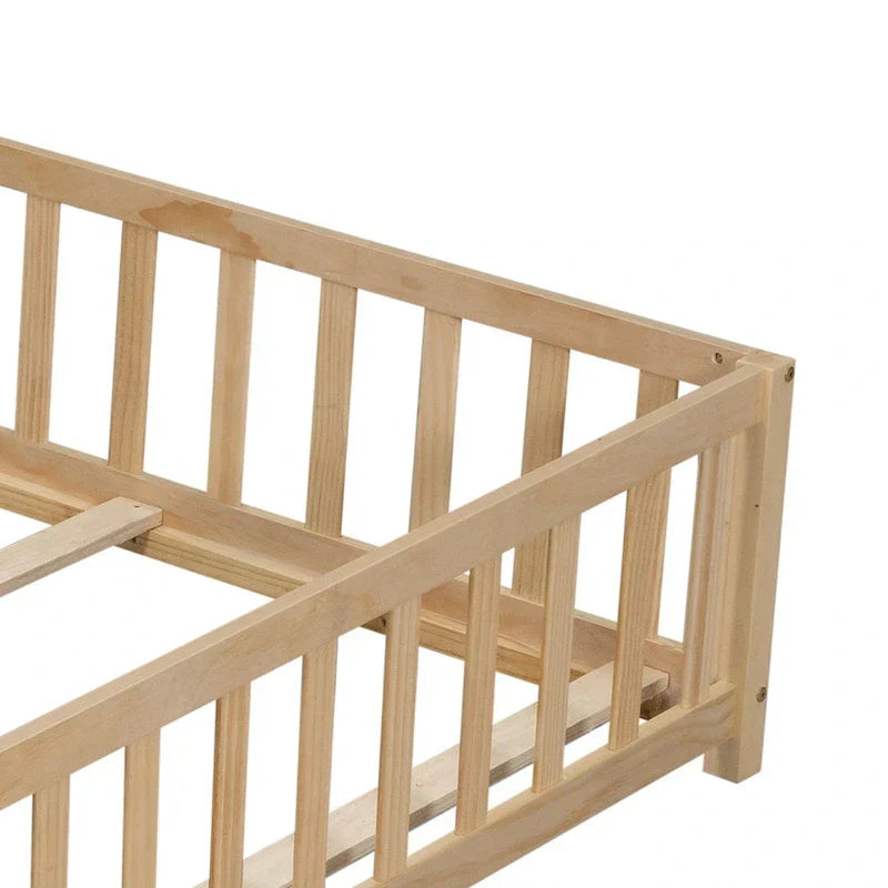 Kids' Full-Size Wooden Floor Bed with Fence and Door