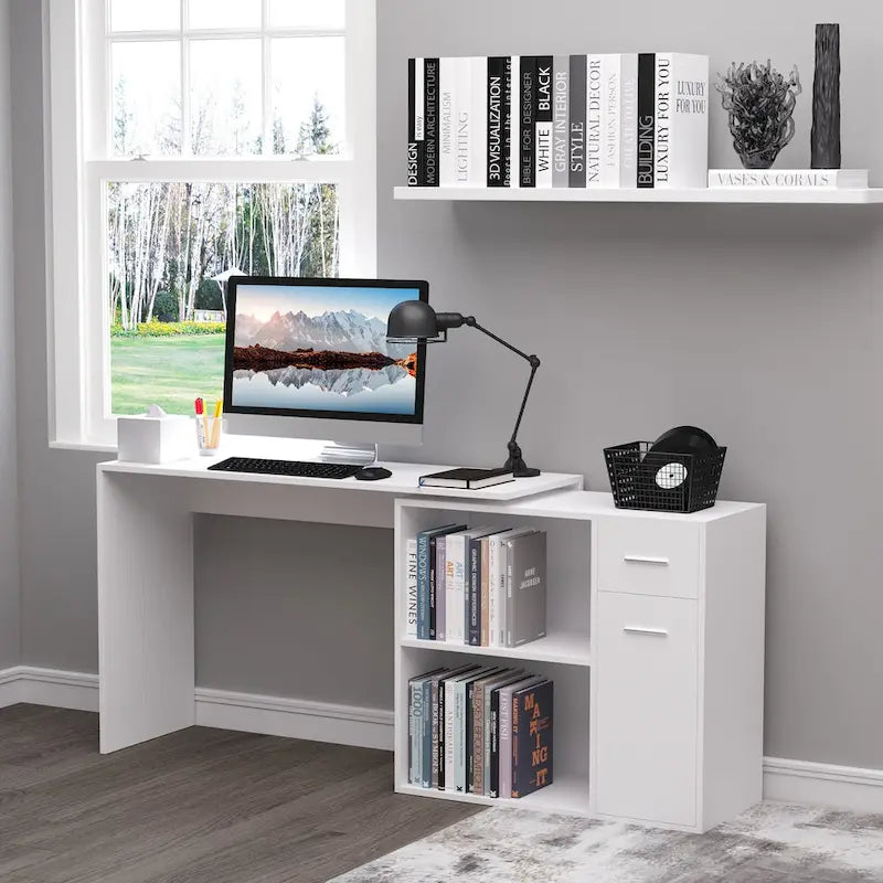 HOMCOM L-Shaped Corner Computer Desk with Rotating Storage Shelves and Drawer for Home and Office Workspaces