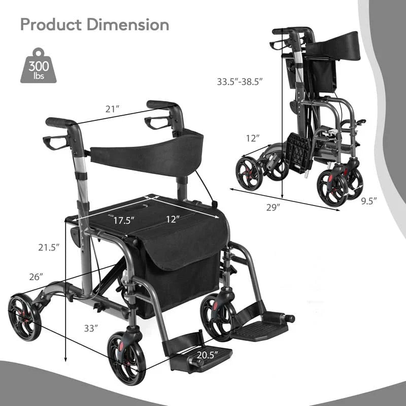 2 In 1 Rollator Walker Wheelchair Folding Medical Walker Aluminum Transport Chair Mobility Walking Aid - Comfortable And Ergonomic Design