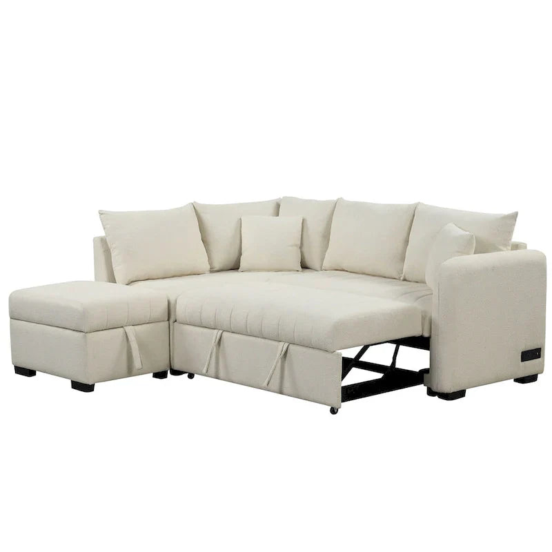 Sectional Sofa Bed with Storage Ottoman USB Ports and Pull Out Design