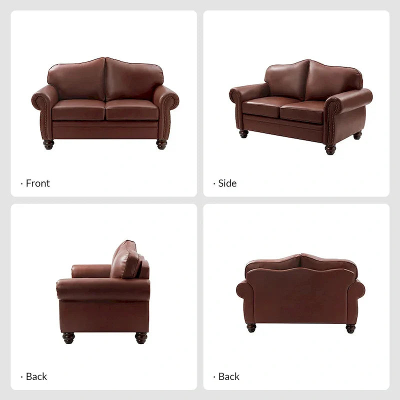 Leather Loveseat Sofa with Rolled Arms and Nailhead Trim