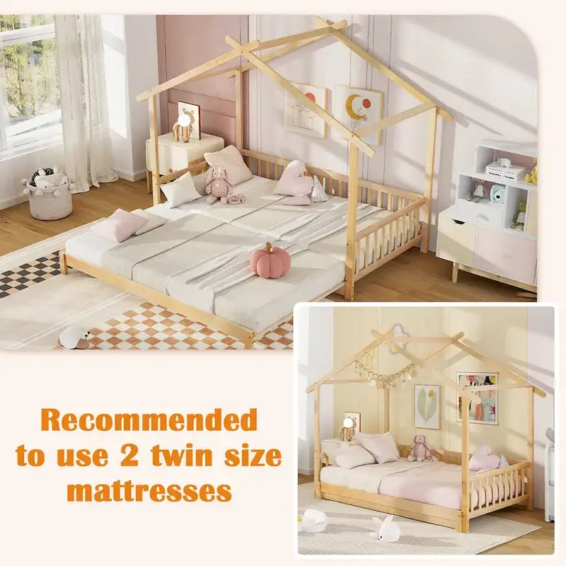 Gymax Twin to King Wooden House Bed Daybed with Safety Rails & Customizable Design