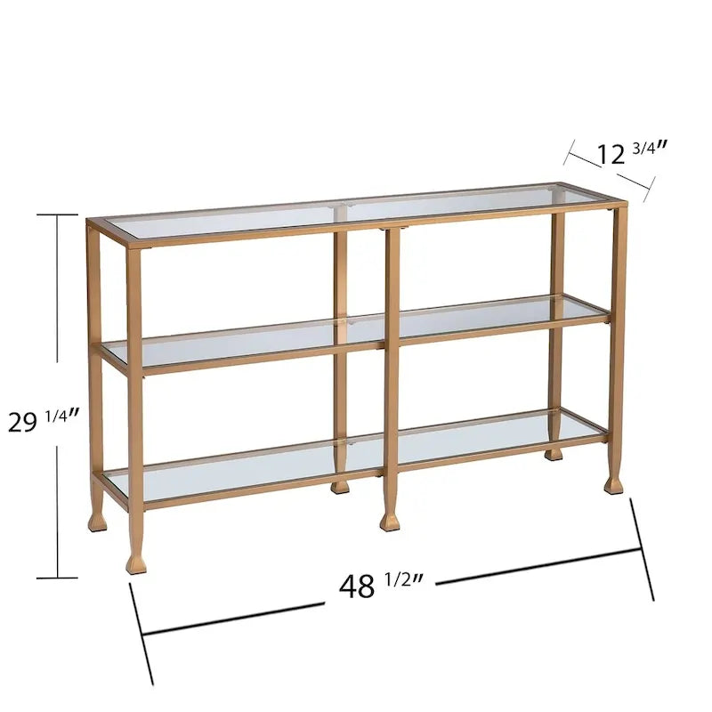 Jensen Gold Metal Console Table with Glass Shelves by SEI Furniture - Narrow Design