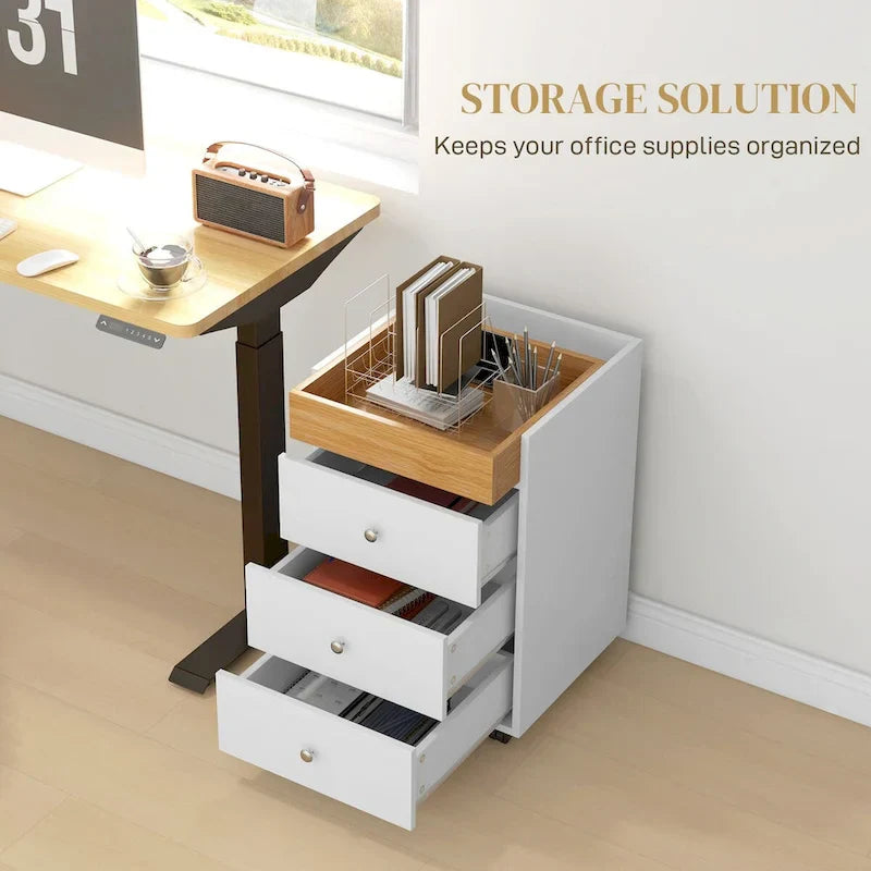 HOMCOM Mobile 3-Drawer Office Storage Cabinet with Removable Tray - Under-Desk Printer Stand on Wheels